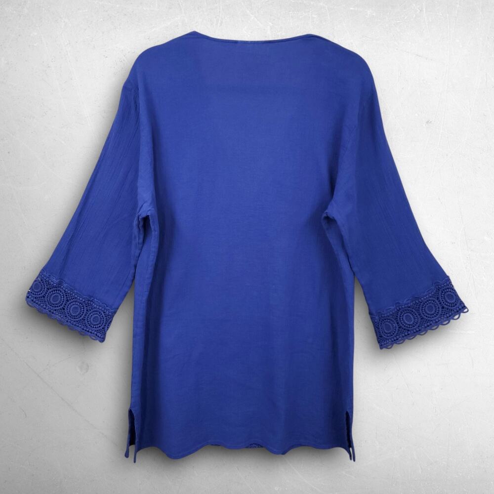 La Blanca Island Fare Crochet Coverup Tunic Women XL Blue Deep V-neck 3/4 Sleeve - Picture 3 of 6